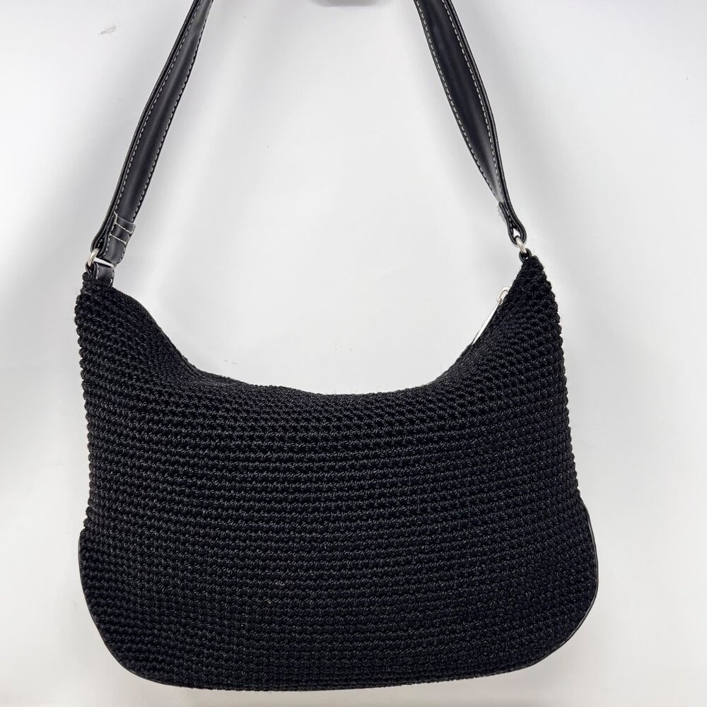 The Sak Black Crochet Shoulder Bag Vinyl Strap Zip Top Single Compartment 13x9.5